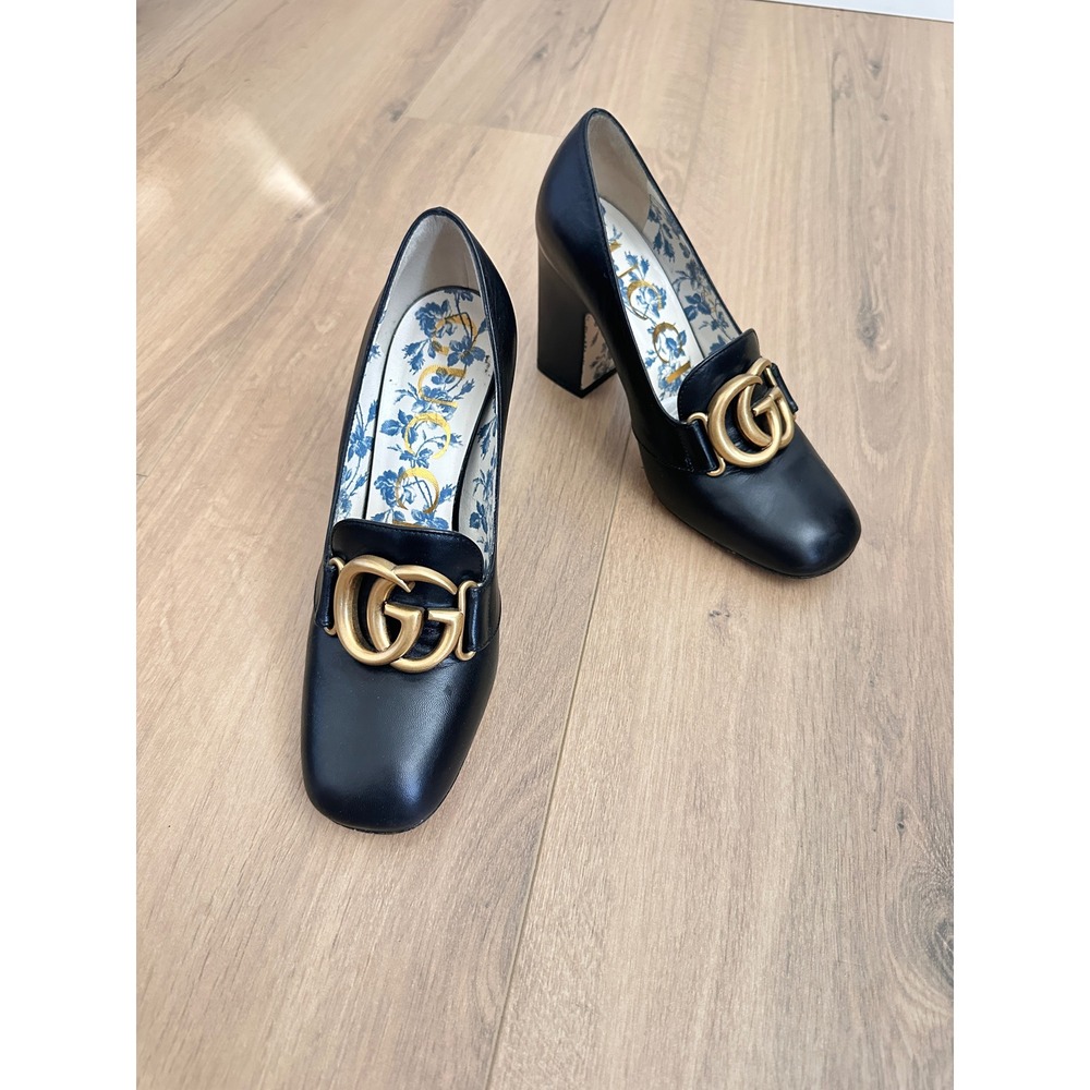 Gucci Marmont Black Leather Double G Block Heel Pumps 549672 IT 35.5 US 5.5